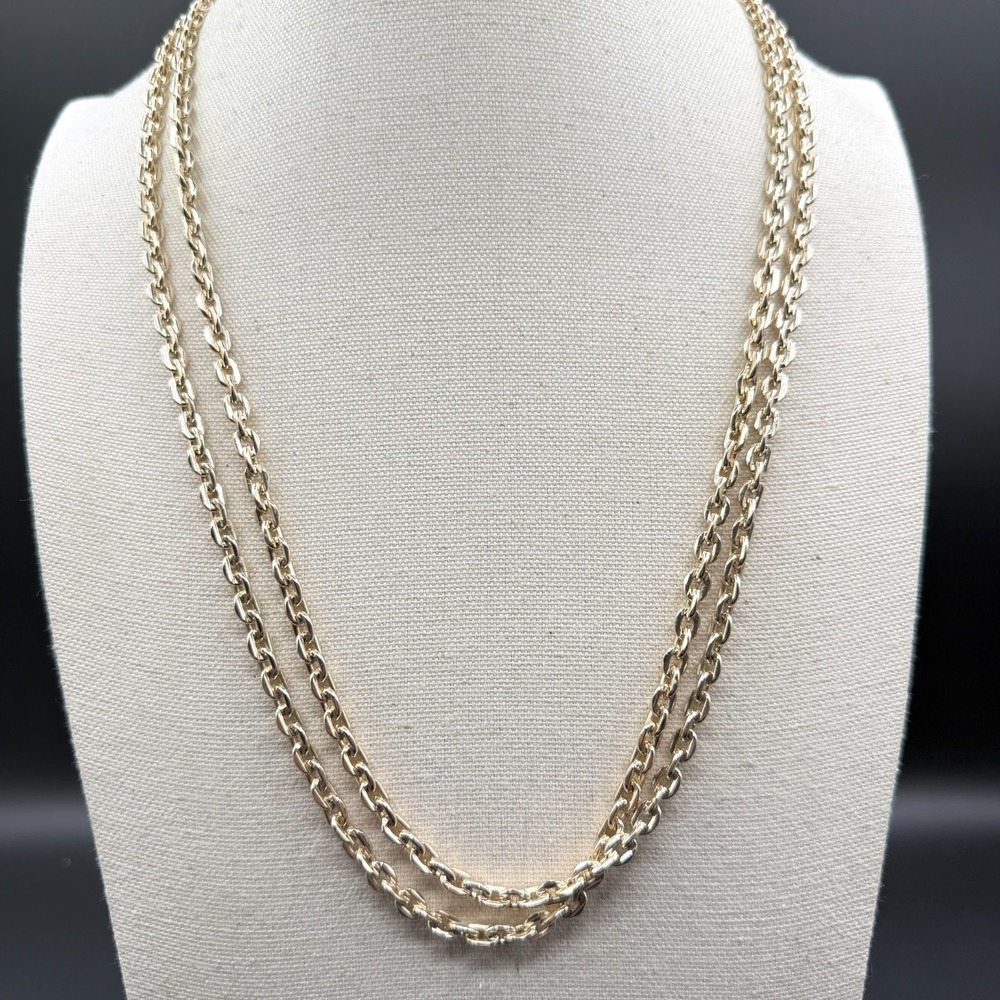 Gold Tone Double Strand Textured Chain Necklace Long Layered Statement Jewelry